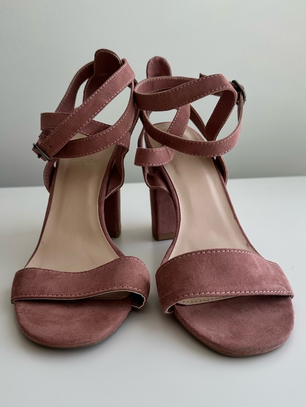Pink suede open toe heels- 9
